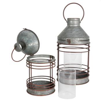 Preview: 2er Set Zink Laterne mit Glas Windlicht im Industrie-Look